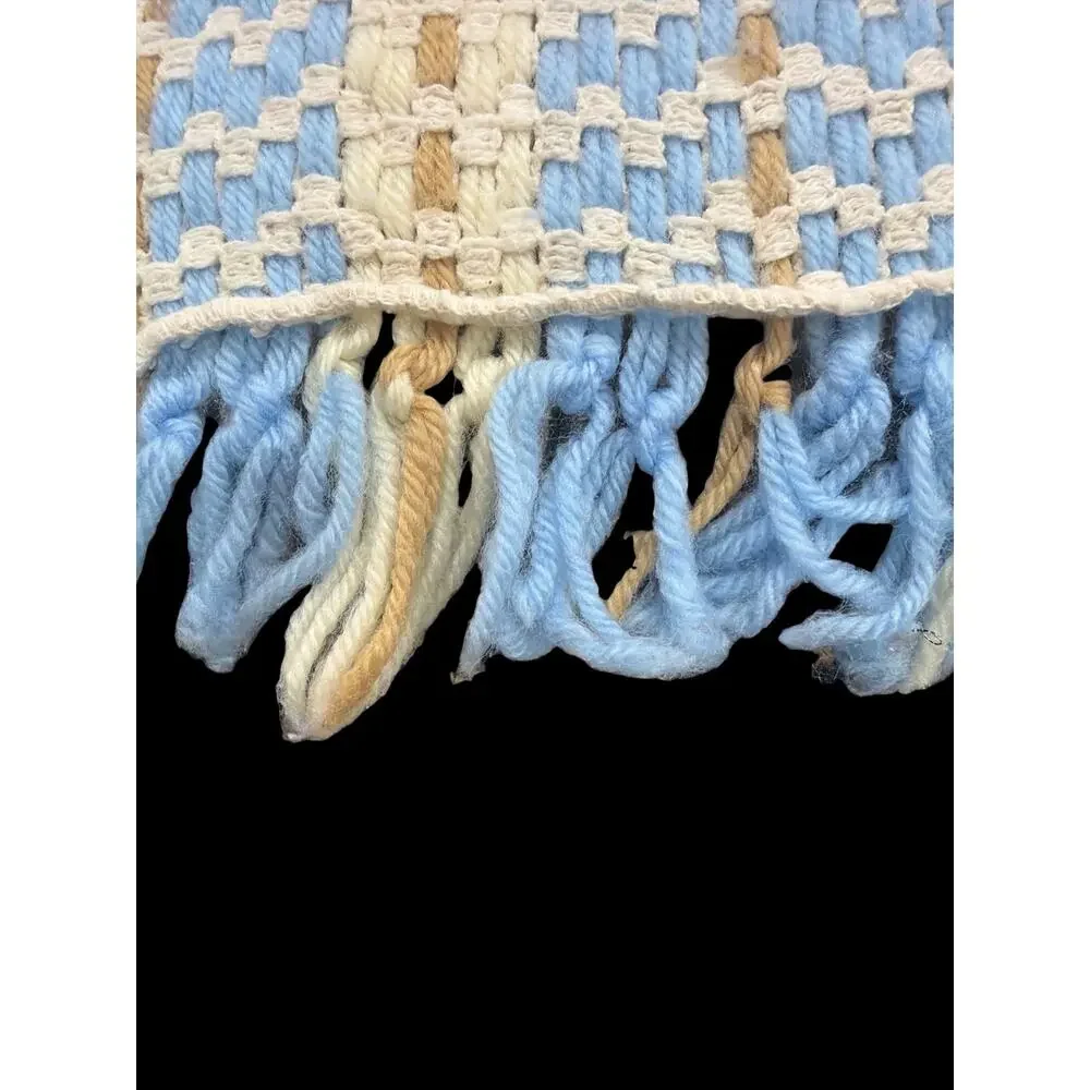 Vintage Hand Woven Afghan Throw Blanket – Baby Blue, Cream & Taupe 66” x 42”
